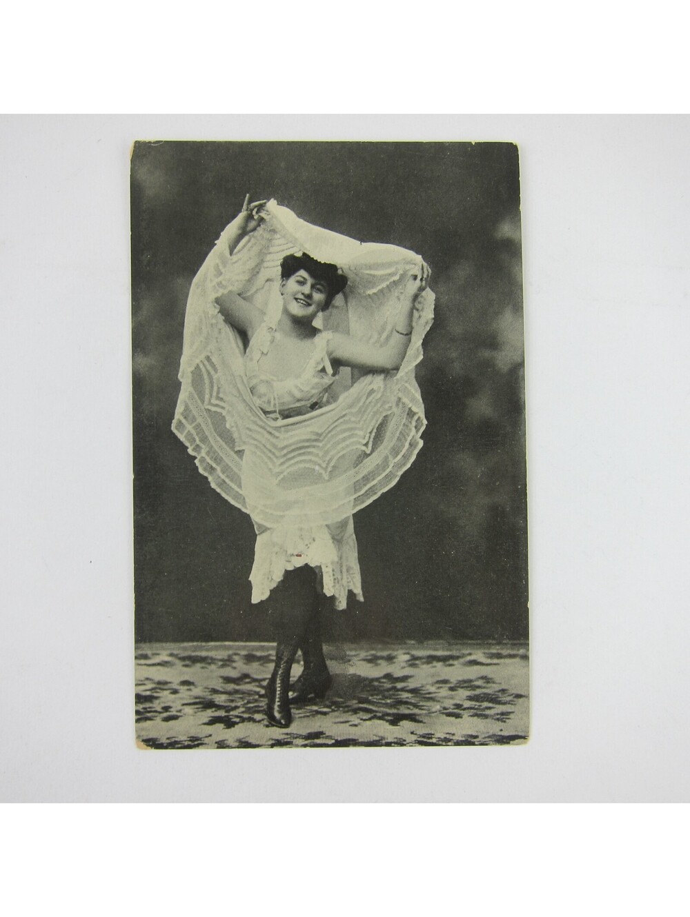 Postcard Risque French Woman Dancer Lifting Under Dress Black & White Antique